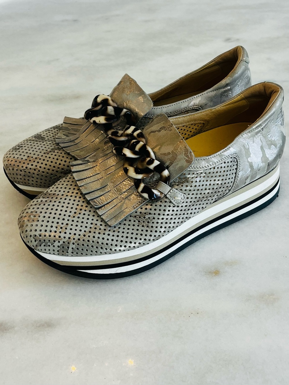 Softwaves Mimetico Kaki Cadie Slip On Platform Metallic Loafer Sz EU 42/US 11.5